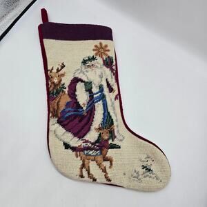 Vintage Imperial Elegance Needlepoint Christmas Stocking Velvet Back Santa Deer